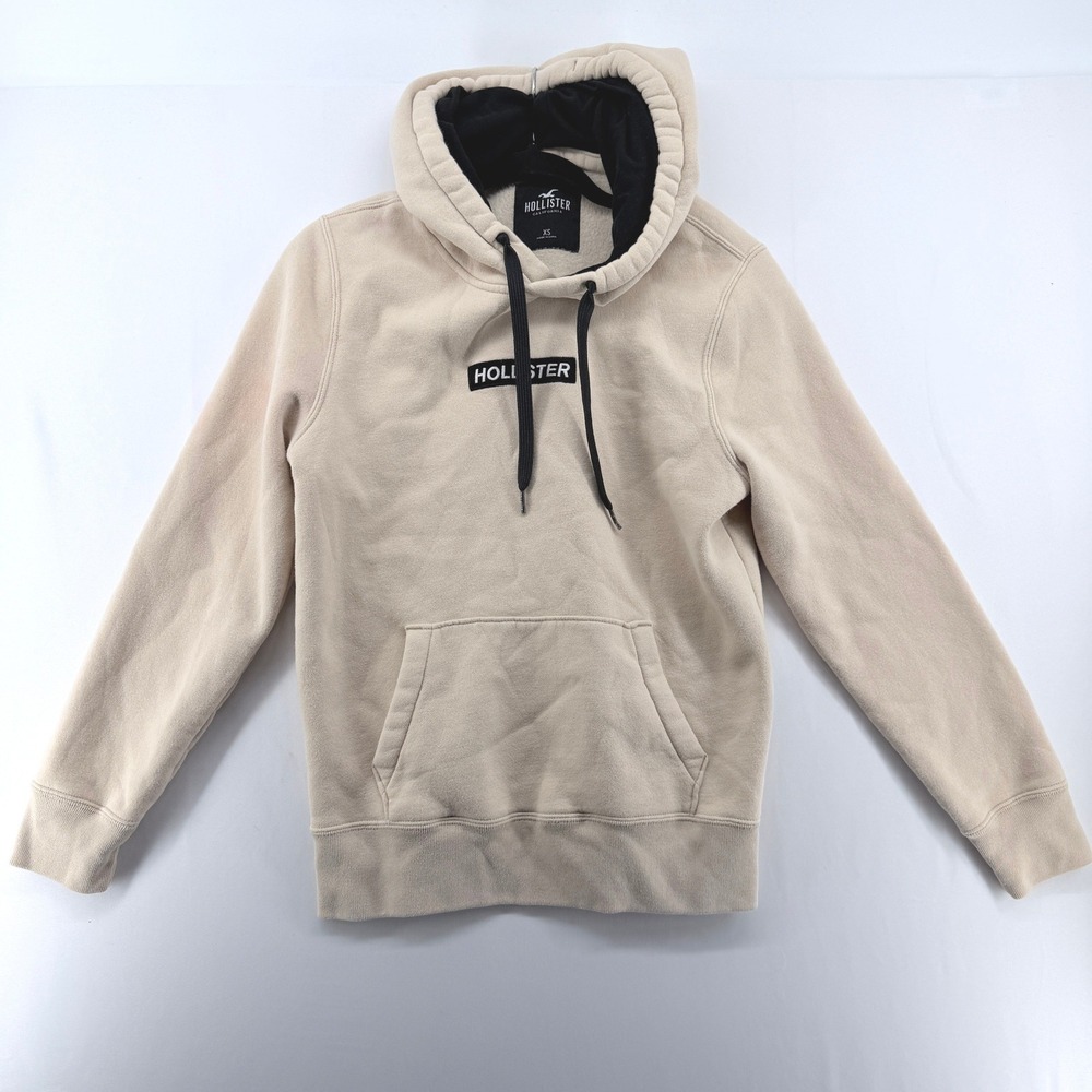 Hollister Mens Hoodie XS Tan Beige Black Box Logo Pullover‎ Sweatshirt Pocket